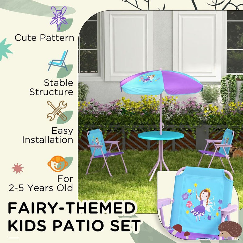 Kids Bistro Table and Chair Set with Fairy Theme, Adjustable Parasol