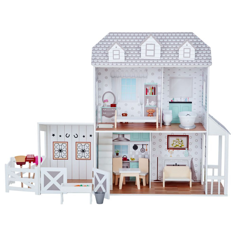 Olivia's Little World Large Kids Wooden Dolls House with Stable & 14 Accessories