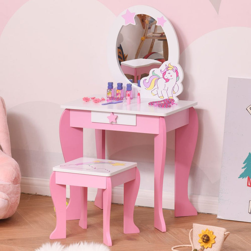 Kids Dressing Table Girls Vanity Set w/ Mirror and Stool Unicorn-Designed