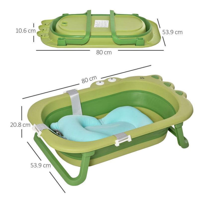 Baby Bath Tub for Toddler Foldable w/ Baby Cushion for 0-3 Years Green