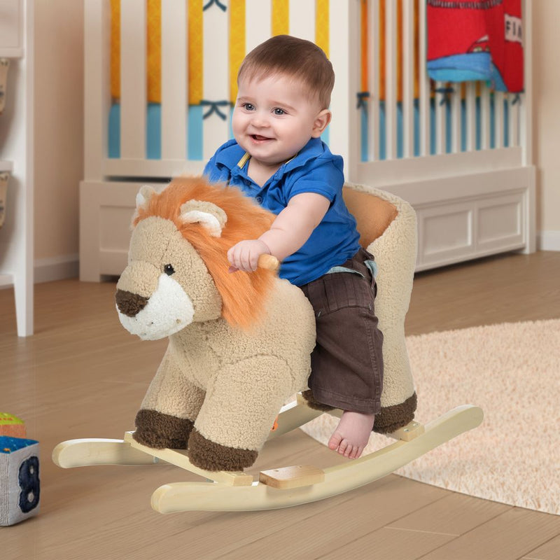 Kids Rocking Lion Plush Ride On Seat Sound Button Wood Base Seat Belt HOMCOM