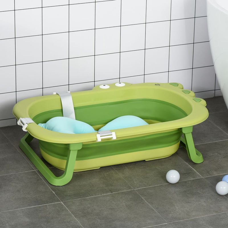 Baby Bath Tub for Toddler Foldable w/ Baby Cushion for 0-3 Years Green