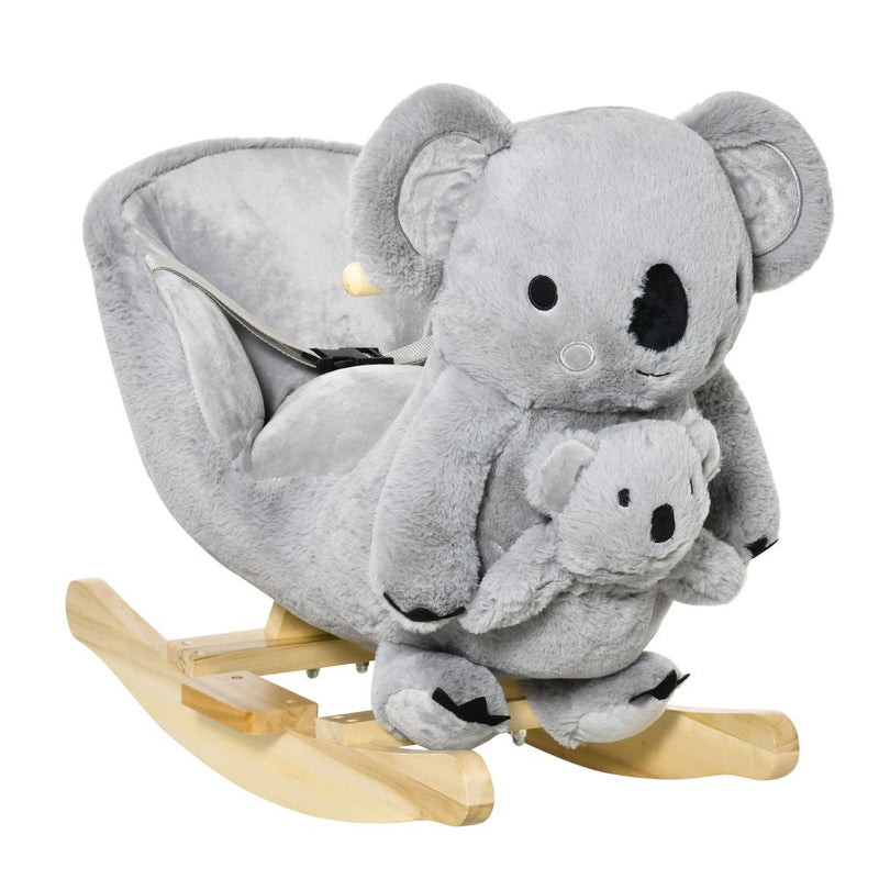 Kids Plush Ride-On Rocking Horse Koala-shaped Toy w/ Gloved Doll Grey