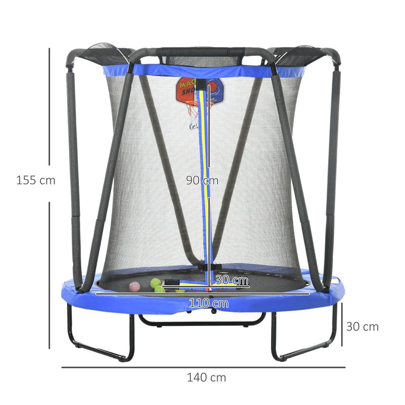 ZONEKIZ 4.6FT Kids Trampoline with Enclosure, Basketball, Sea Balls - Blue