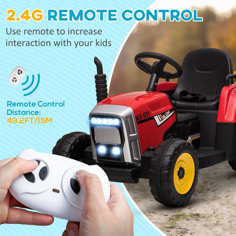 Ride on Tractor with Detachable Trailer, Remote Control, Music - Red