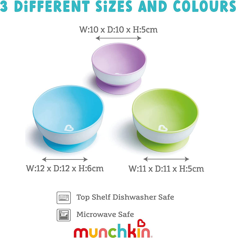 Munchkin Stay Put Bowls with Suction Cup, Pack of 3 Blue/Green/Purple